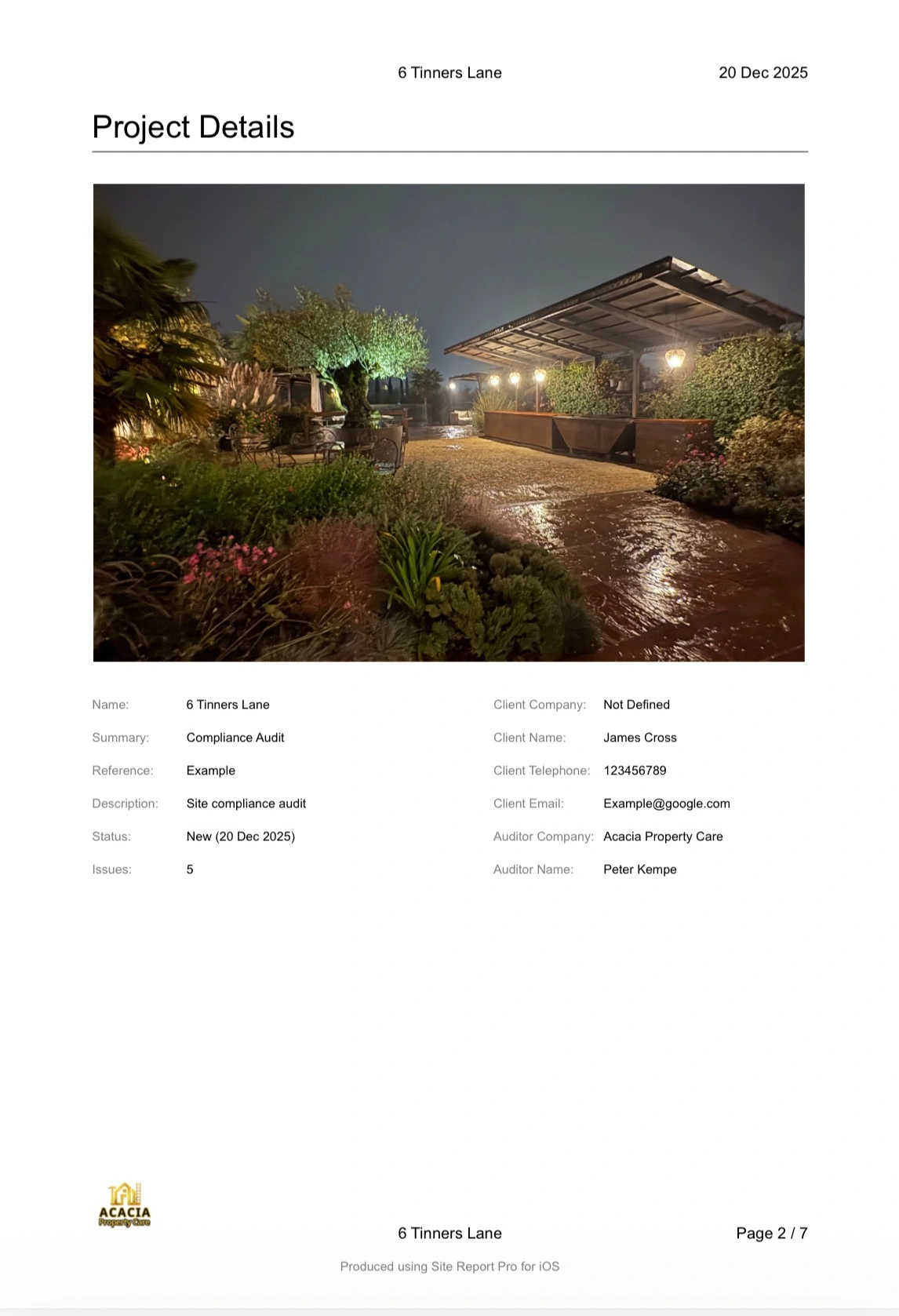 Example compliance audit summary page (illustrative)